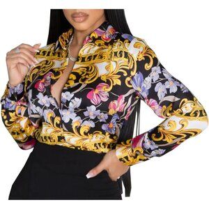 Women Multi Blouses Button Down Shirts Colorful Long Sleeve Floral Print Tops